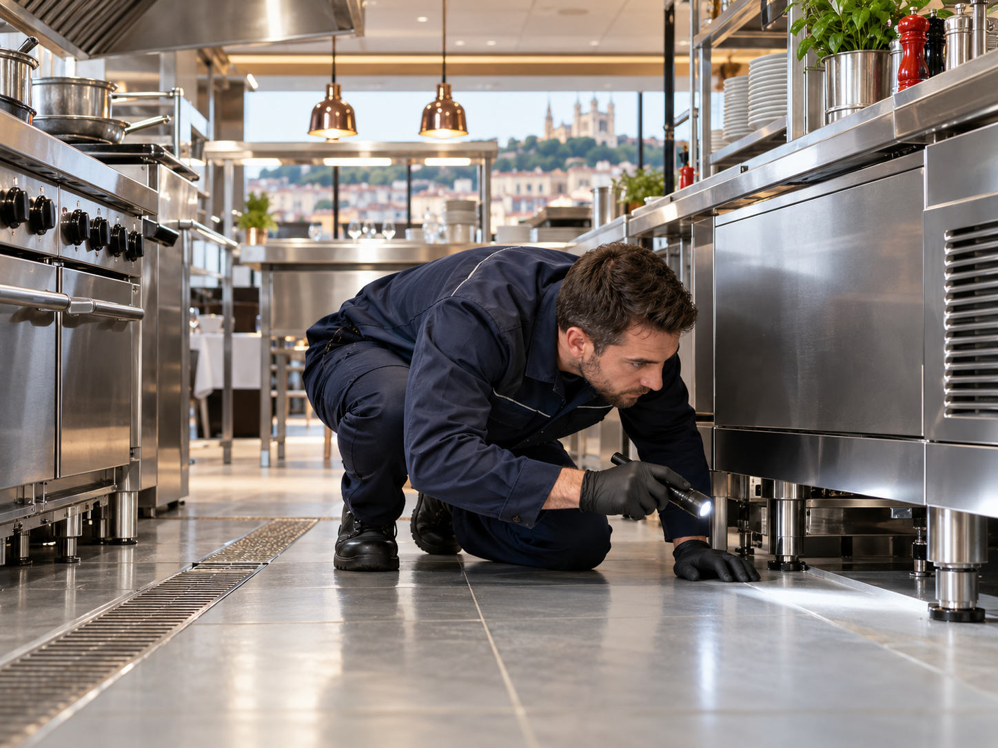 Inspection anti-cafards dans une cuisine professionnelle
