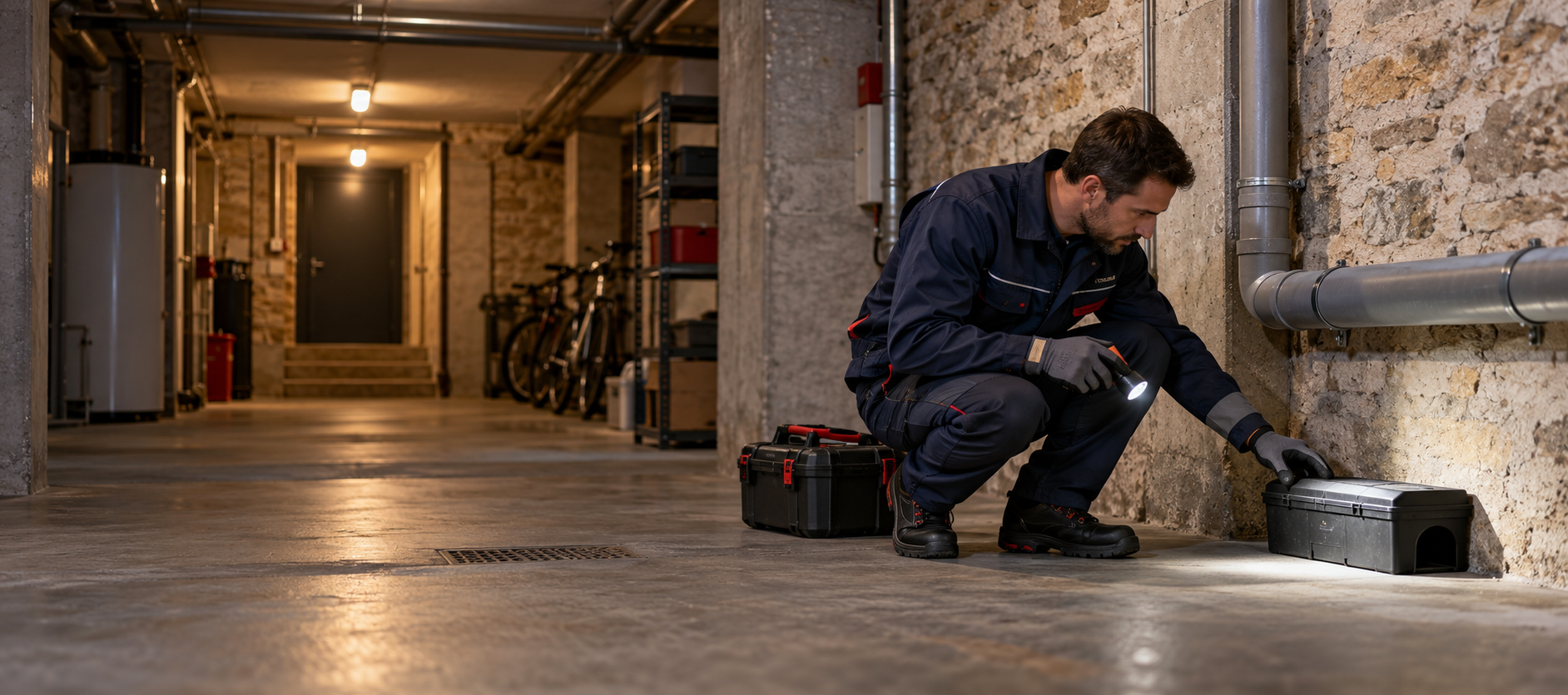 Technicien anti-nuisibles inspectant une cave d'immeuble lyonnais